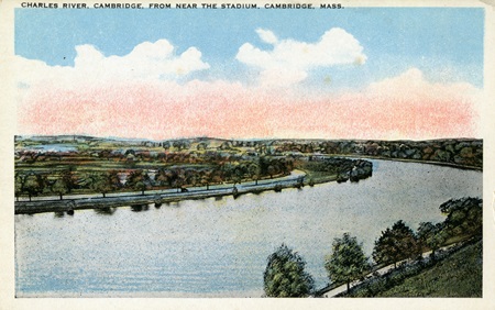 Postcard showing Charles River near the stadium.