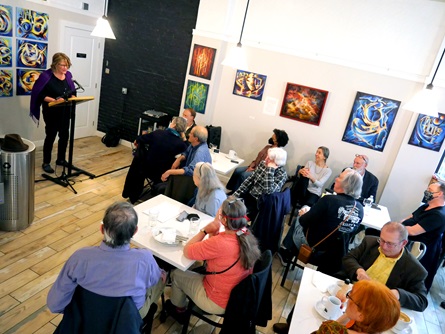 Alyson Lie speaks at the  City Night Readings Series at The Little Crêpe Café in Cambridge, May 6, 2022.