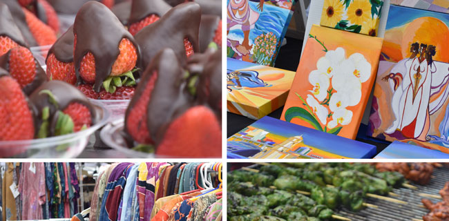 Cambridge Arts River Festival vendors, including chocolate-covered strawberries, paintings, grilled meats, and clothing.