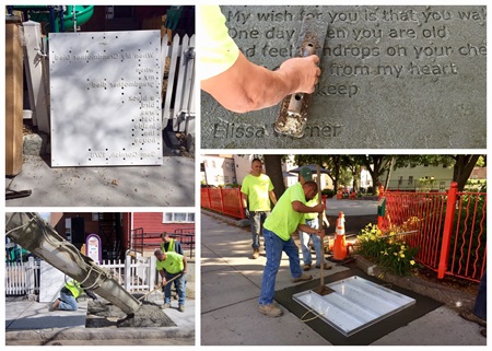 A collage of images from 2016 Sidewalk Poetry Contest: A completes imprinted slab with a winning poem, a slab being smoothed down, concrete being poured on the sidewalk, and concrete being tamped into place