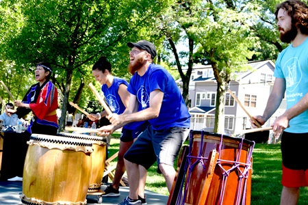 Audience members join Odaiko New England for drumming at Raymond Park as part of Cambridge Arts' 