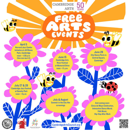 Cambridge Arts Presents Free Arts Events in spring and summer 2024. Image is a calendar on flowers under a sun with bees and a ladybug.