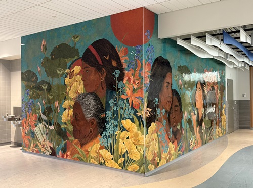 “Worlds Stir in the Tender Shoots of Memory” by Amanda Phingbodhipakkiya. Hand-glazed ceramic tile mural exploring memory, family, and heritage. Photo by Cambridge Arts.