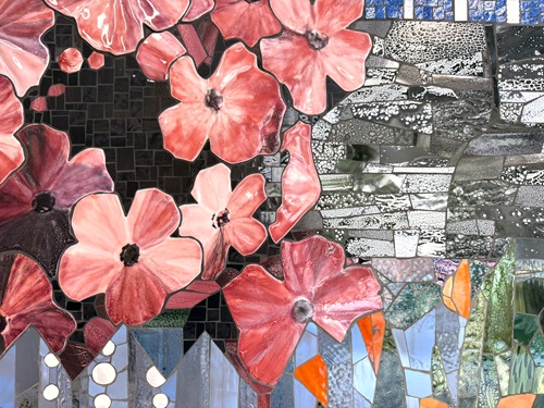 “You Belong Here” by Ekua Holmes (detail). Glass smalti, hand-glazed ceramic, and carved elements add rich texture. Photo by Cambridge Arts.