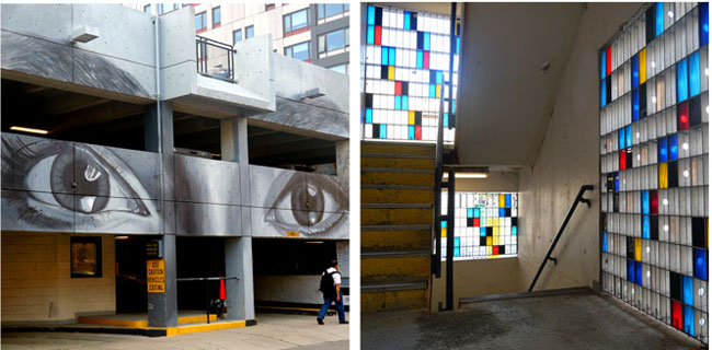 Images of public art--on left: mural of eyes on parking garage; on right: parking garage stairs with grid of different colored windows.