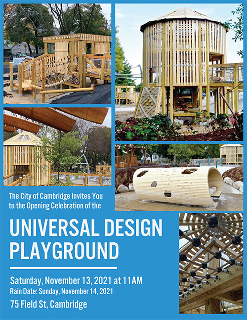 Opening celebration for Cambridge's Universal Design Playground at Danehy Park is Nov. 13, 2021.