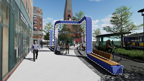Rendering of plaza, looking south, with ”ribbon” structure outlined in white dashed line (blue color of ribbon is for illustration purposes only).