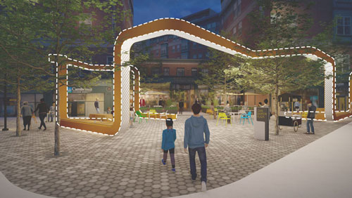 Rendering of future redesigned Carl Barron Plaza, Central Square