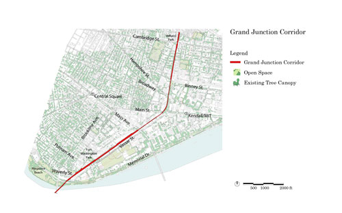 Overview map of Grand Junction Path running north-south (red line)