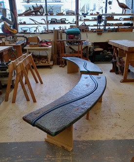 Bench that Cambridge artist Mitch Ryerson is creating for the Sensory Hilltop at the Universal Design Playground at Cambridge's Danehy Park, 2021. (Courtesy Mitch Ryerson))