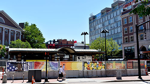 Patricia Thaxton's printed mural "The Beauty of Everyday Living" in Cambridge's Harvard Square, June 2021. (Cambridge Arts/ Greg Cook)