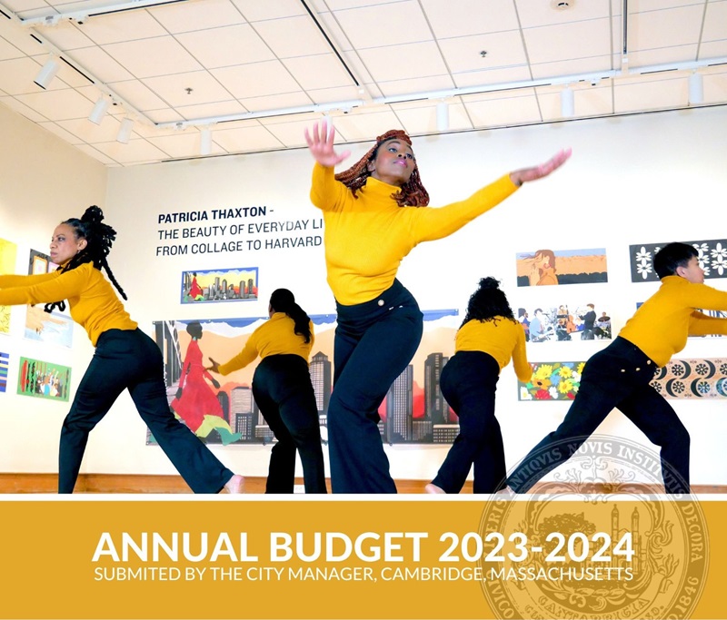 Image from the cover of the FY24 Submitted Budget Book showing a group of people dancing in yellow tops and dark pants
