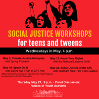 Event image for Social Justice at the Cambridge Public Library (Tween/Teen Hangout)