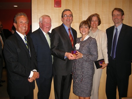 (l. to r.) Deputy City Manager Richard C. Rossi, City Manager Robert W. Healy, Mayor David Maher, Director of Libraries Susan Flannery, Pamela Hawkes (Ann Beha Architects) and Clifford Gayley (William Rawn Associates, Architects)