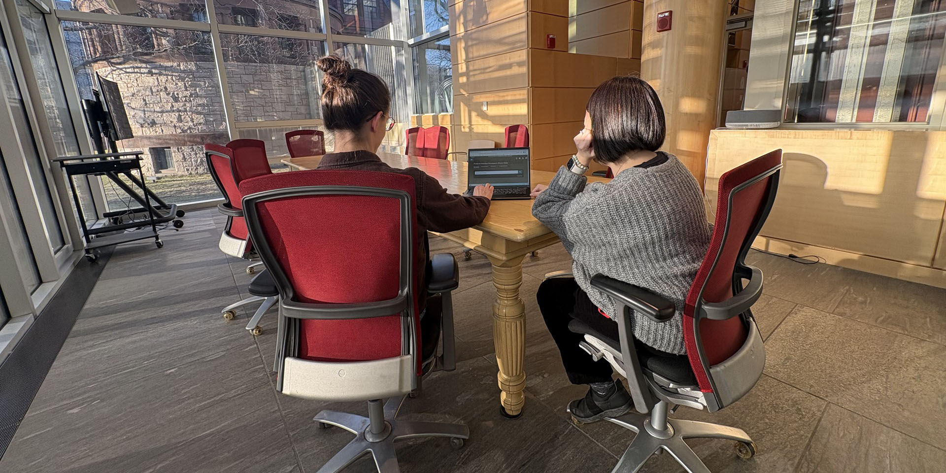 A Cambridge Public Library patron and librarian working on a laptop