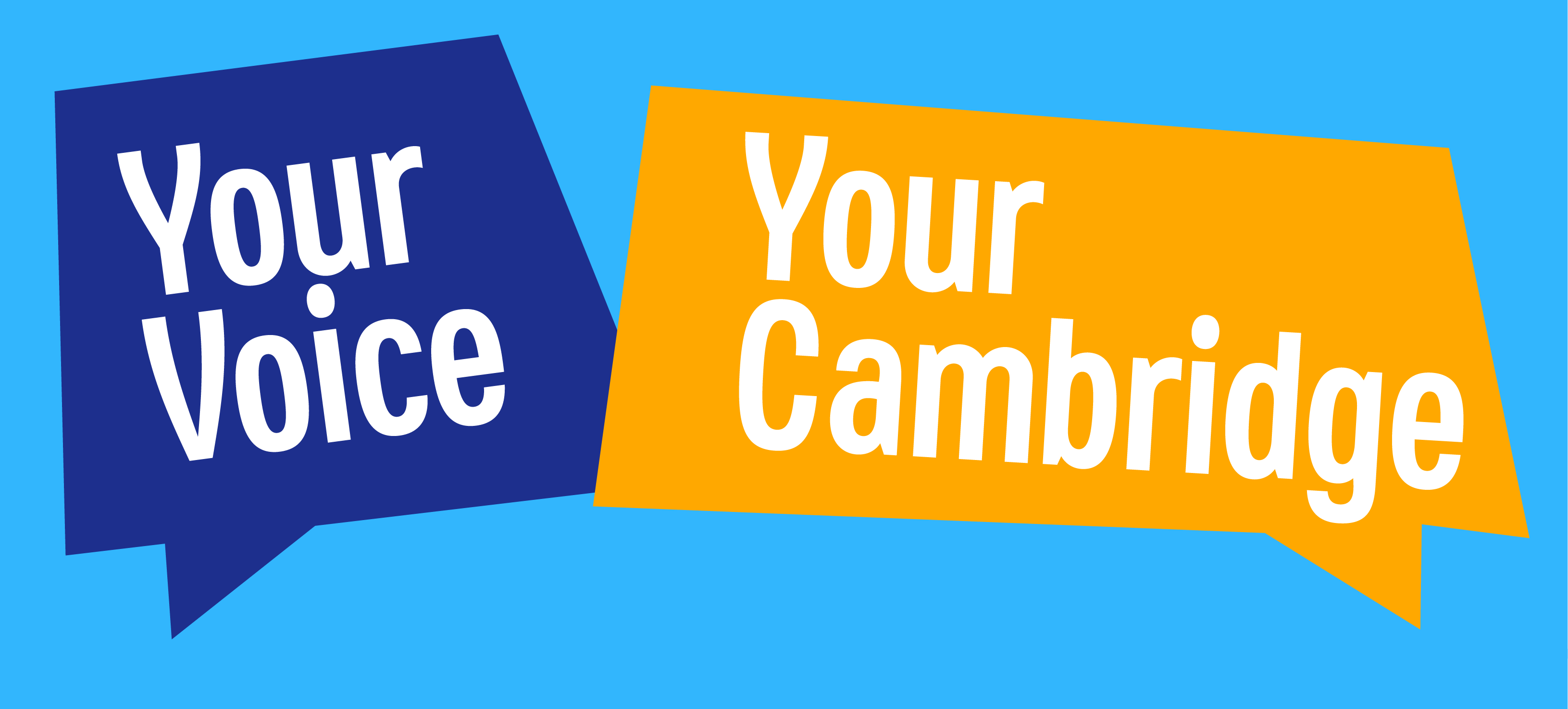 Graphic stating Your Voice Your Cambridge with text in white and background in blue