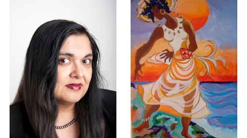 Dr. Manisha Sinha portrait photo and Black History Month Art piece side by side