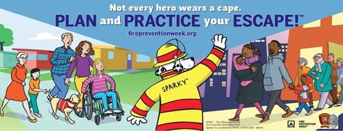 An illustration featuring two groups of people walking out of buildings; in the foreground is a dog wearing a fireman's uniform. Text on the illustration reads "Not every hero wears a cape. Plan and Practice your Escape! firepreventionweek.org
