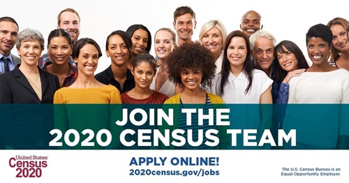 Picture of a large group of people with a banner underneath that says "Join the 2020 Census Team"