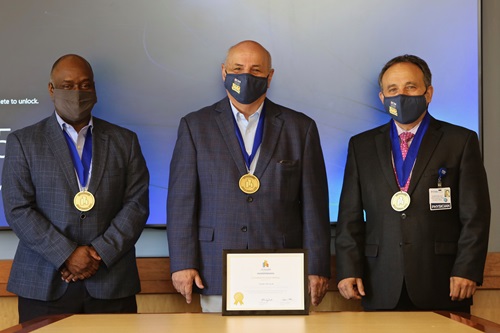 Photo (l to r): Chief Public Health Officer, City of Cambridge Claude A. Jacob; Cambridge City Manager Louis A. DePasquale; Commissioner of Public Health and CEO, Cambridge Health Alliance, Assaad Sayah, MD accepting CityHealth Gold Award for Advancing Robust Public Health Policies