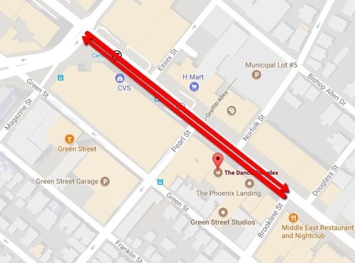 Mass Ave closure area for Dance Complex event