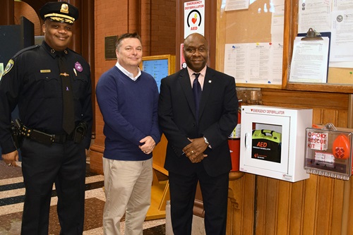 First Aid Kits Installed at City Building Photo with Police Commissioner Bard, Mayor McGovern, and Chief Public Health Officer Claude Jacob
