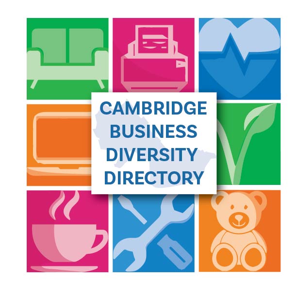 Colorful boxes with various icons: couch, printer, computer, leaf, coffee mug, tools, teddy bear and heart, in the center text reads "Cambridge Business Diversity Directory"