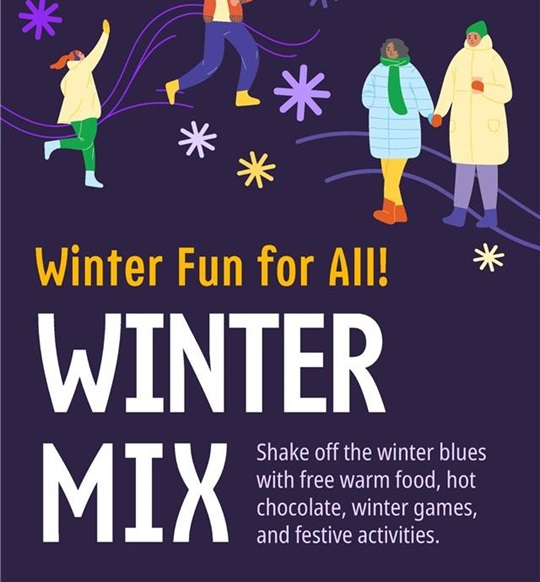 Promotional Graphic for Winter Mix Event Series featuring multi-colored snowflakes and illustrations of people dancing and walking in winter outerwear.