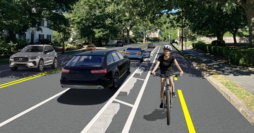 A mock-up of what a two-way separated bike lane with pre-cast concrete curbs could look like on the portion of Brattle Street between Sparks Street and Riedesel Avenue, in front of the Holy Trinity Armenian Church.