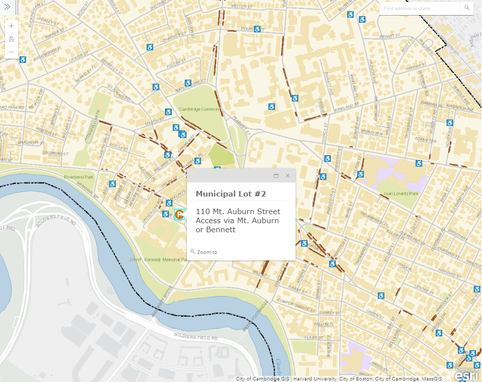 Cambridge's Municipal Parking Lot #2 is located at 110 Mt. Auburn Street. Access via Mt. Auburn or Bennett.