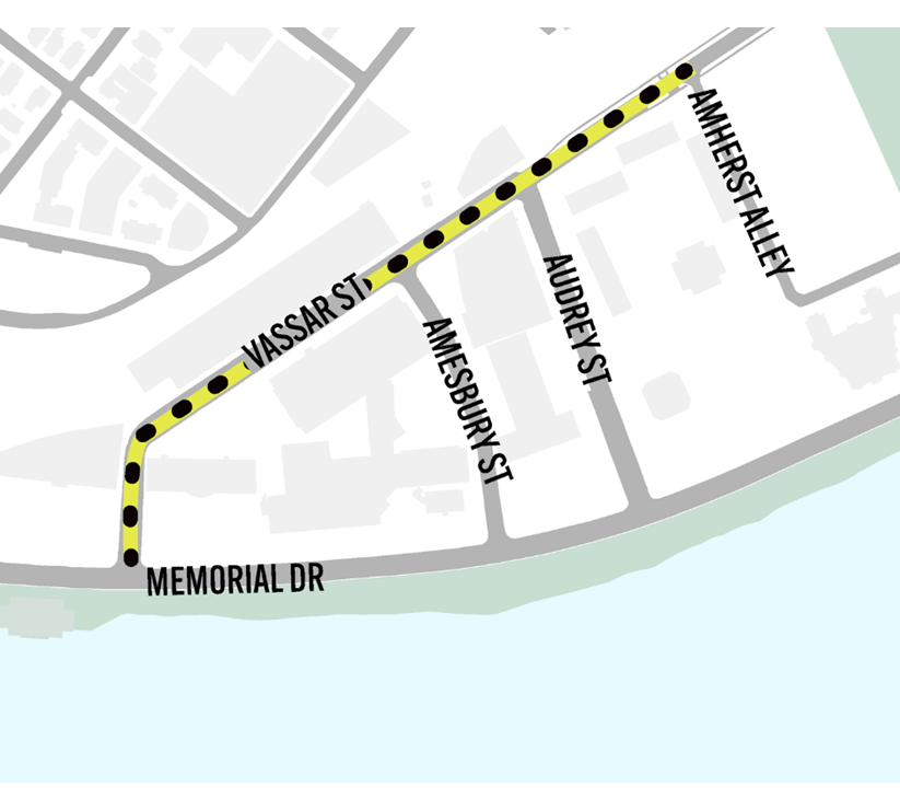 Map of Vassar Street scope of work (Memorial Drive to Amherst Alley)