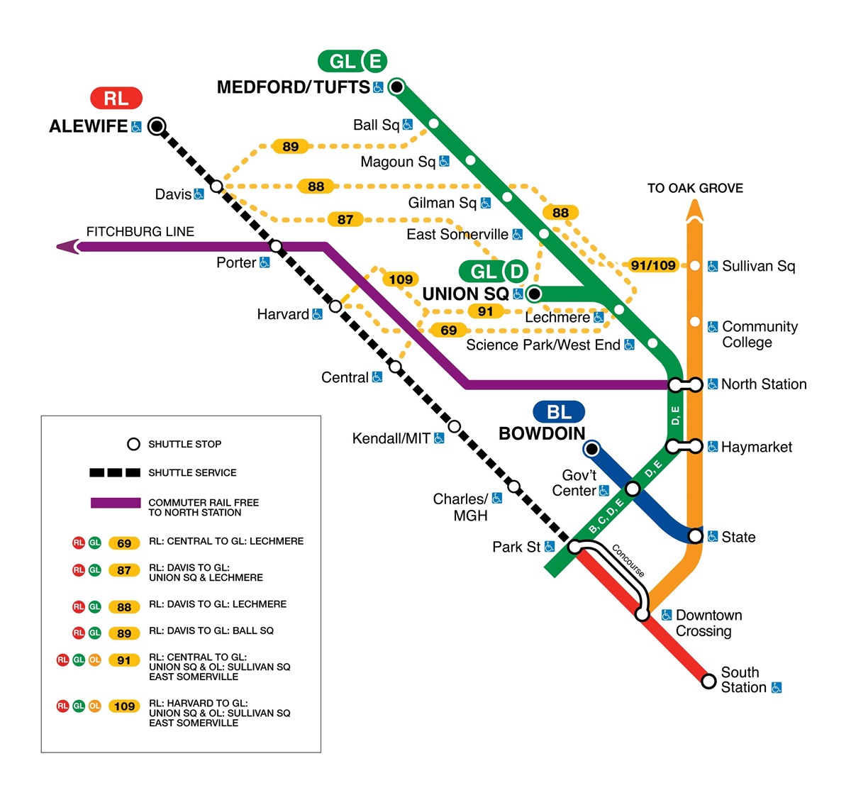 Map from the MBTA of upcoming Red Line service impacts. Affected stations are Alewife, Davis, Porter, Harvard, Central, Kendall/MIT, Charles/MGH, and Park Street.