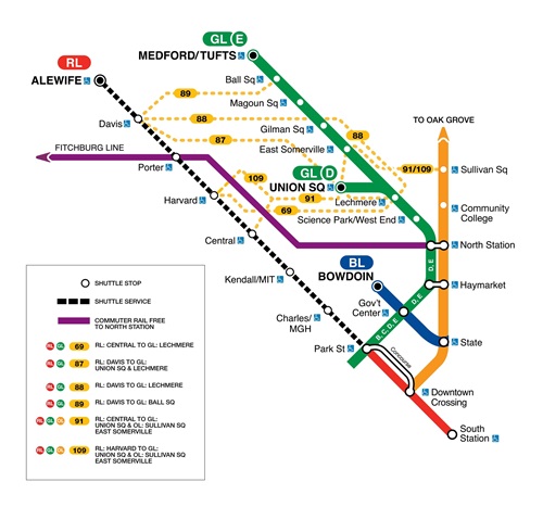 Map from the MBTA of upcoming Red Line service impacts. Affected stations are Alewife, Davis, Porter, Harvard, Central, Kendall/MIT, Charles/MGH, and Park Street.