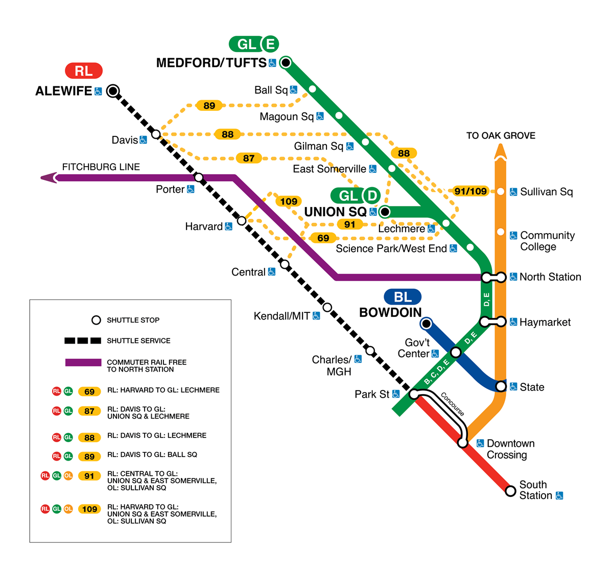 Map from the MBTA of upcoming Red Line service impacts. Affected stations are Alewife, Davis, Porter, Harvard, Central, Kendall/MIT, Charles/MGH, and Park Street.