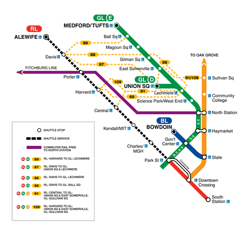 Map from the MBTA of upcoming Red Line service impacts. Affected stations are Alewife, Davis, Porter, Harvard, Central, Kendall/MIT, Charles/MGH, and Park Street.