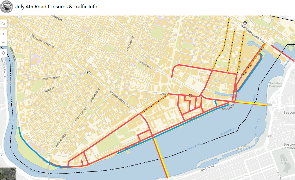 map of the road closures happening across cambridge during fourth of july festivities in 2026