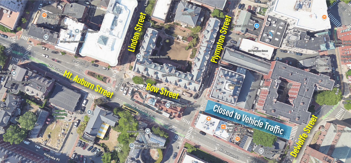 Image showing the area of Bow Street that is closed now to vehicle traffic from an aerial view.
