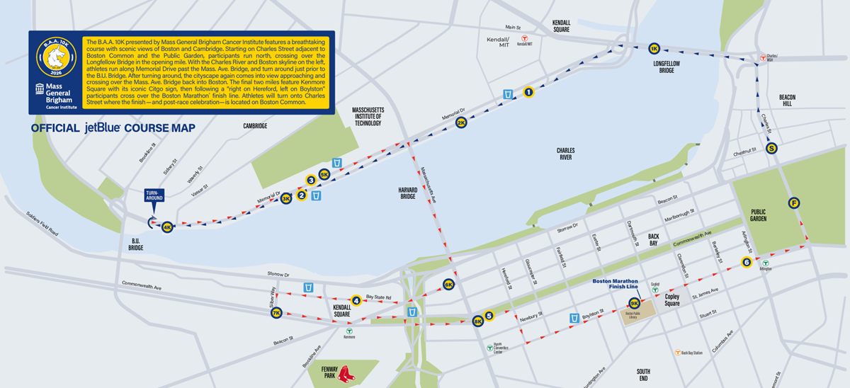 map of the BAA 10K race route in Boston and Cambridge on June 21.