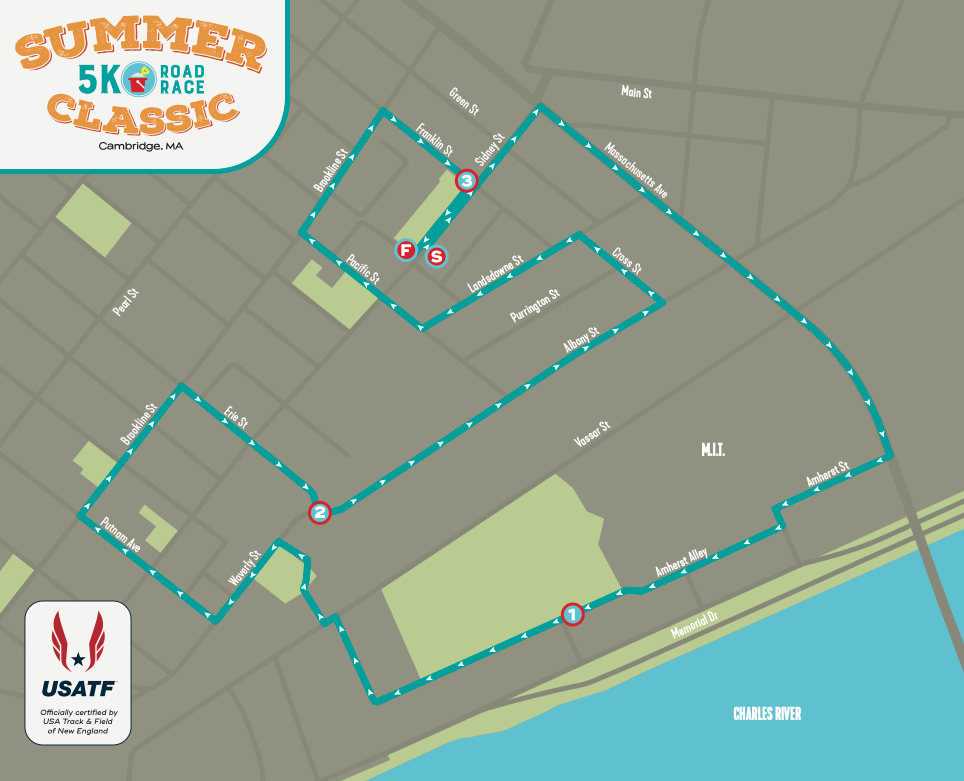 Course of the Summer 5K, starting and ending on Sidney St in Cambridge on Sunday.