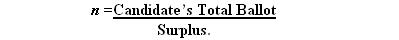 N equals the Candidate's Total Ballot divided by the Surplus.