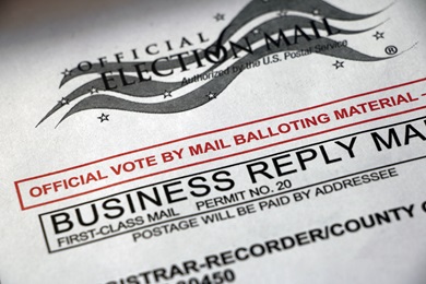 Photo of a mail-in ballot envelope