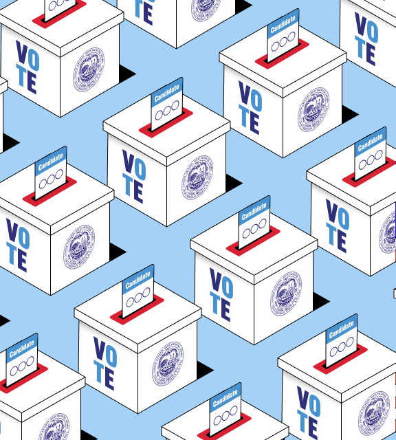 Illustration of City of Cambridge ballot boxes with ballots being inserted