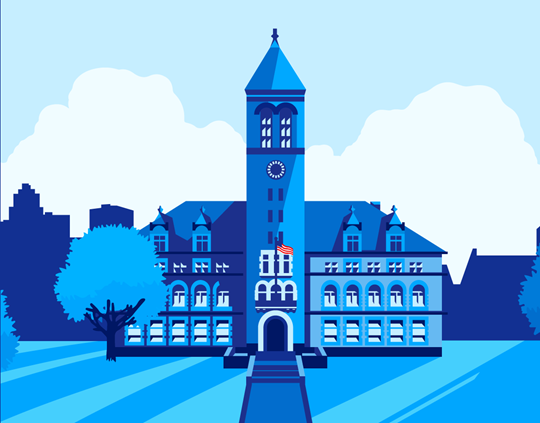 An illustration of City Hall in light shades of blue with an American flag flying on the flag pole over the main entrance