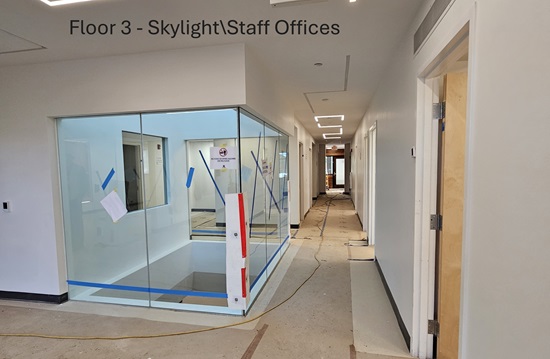 Fire Headquarters construction update June 8, 2026 - floor 3 skylight admin offices