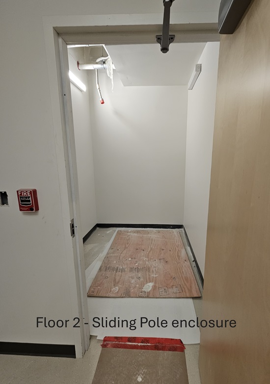 Fire Headquarters construction update June 8, 2026 - floor 2 sliding pole enclosure