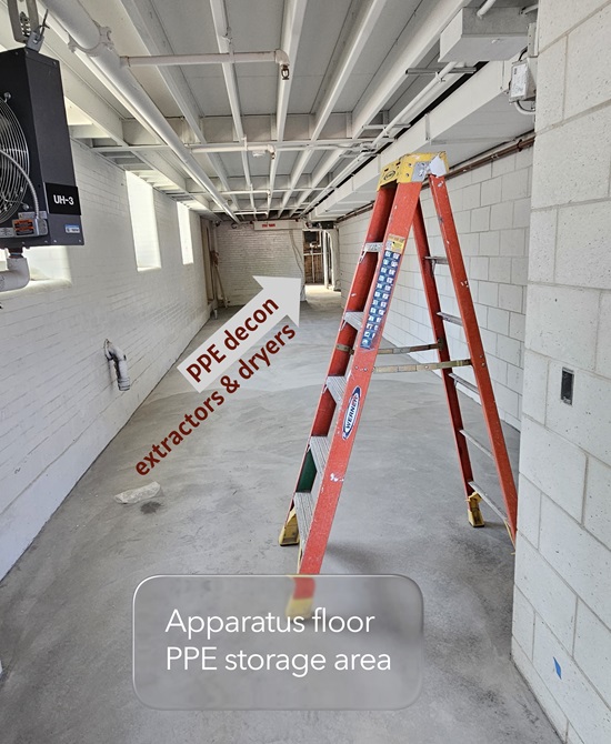 Fire Headquarters construction update June 8, 2026 - apparatus floor PPE storage room and decon, cleaning area