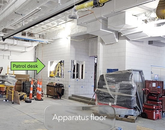 Fire Headquarters construction update June 8, 2026 - apparatus floor patrol desk