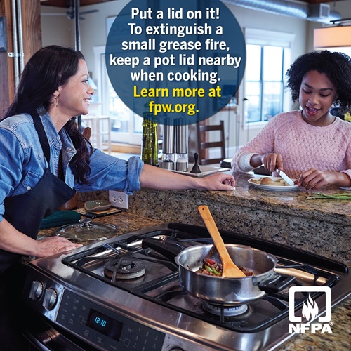 Fire Prevention Week Kitchen Cooking Safety Tip: Keep a Lid Handy to Smother Stovetop Fires