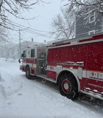 Engine 5 response, rear view of the apparatus, during the blizzard of Feb 23, 2026
