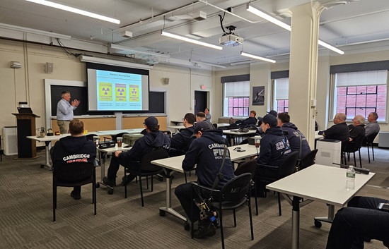 Firefighters participate in the classroom porttion of Radiation Training at MIT